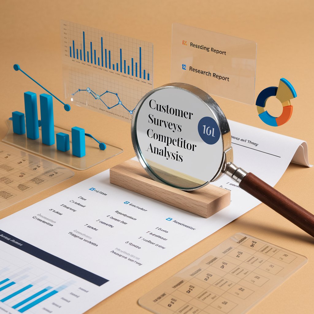 Magnifying glass highlighting customer surveys, competitor analysis, and popular keywords for market research.  How To Find Your Targeted Audience 18